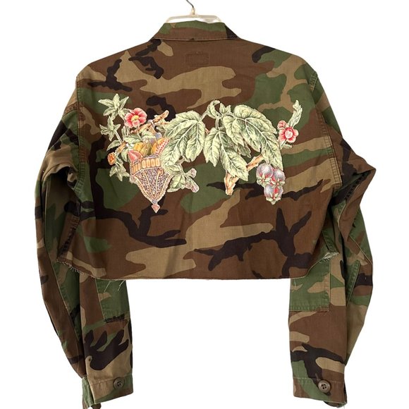 Custom Oversized Camo Jacket Floral Applique Unisex S Vintage Handmade Crop Art - Picture 2 of 10
